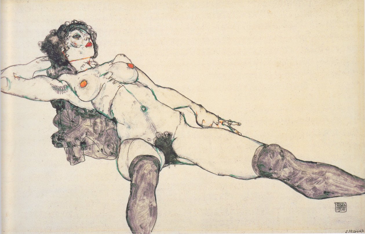 Bacakları ayrı olan çıplak kadın uzanmış by Egon Schiele