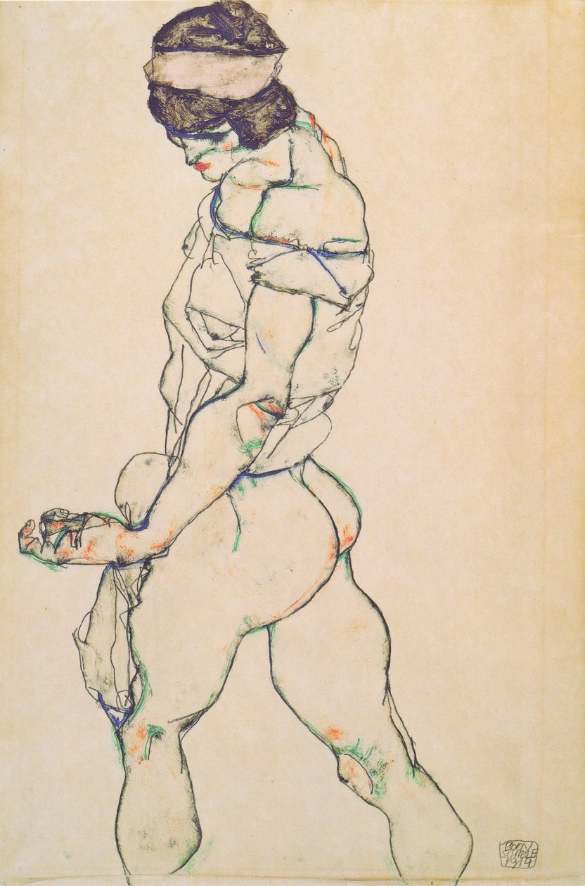 Sola doğru yürüyen çıplak kadın by Egon Schiele