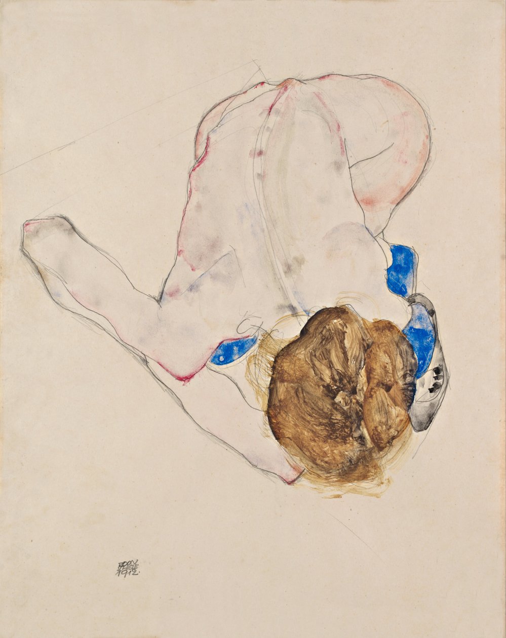 Mavi Çoraplı Çıplak, Öne Eğilmiş by Egon Schiele