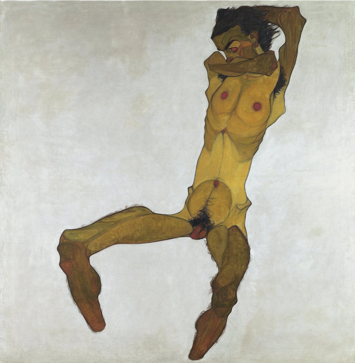Oturan Erkek Çıplak (Otoportre) by Egon Schiele