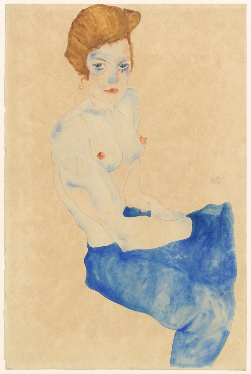 oturmuş mavi çıplak by Egon Schiele