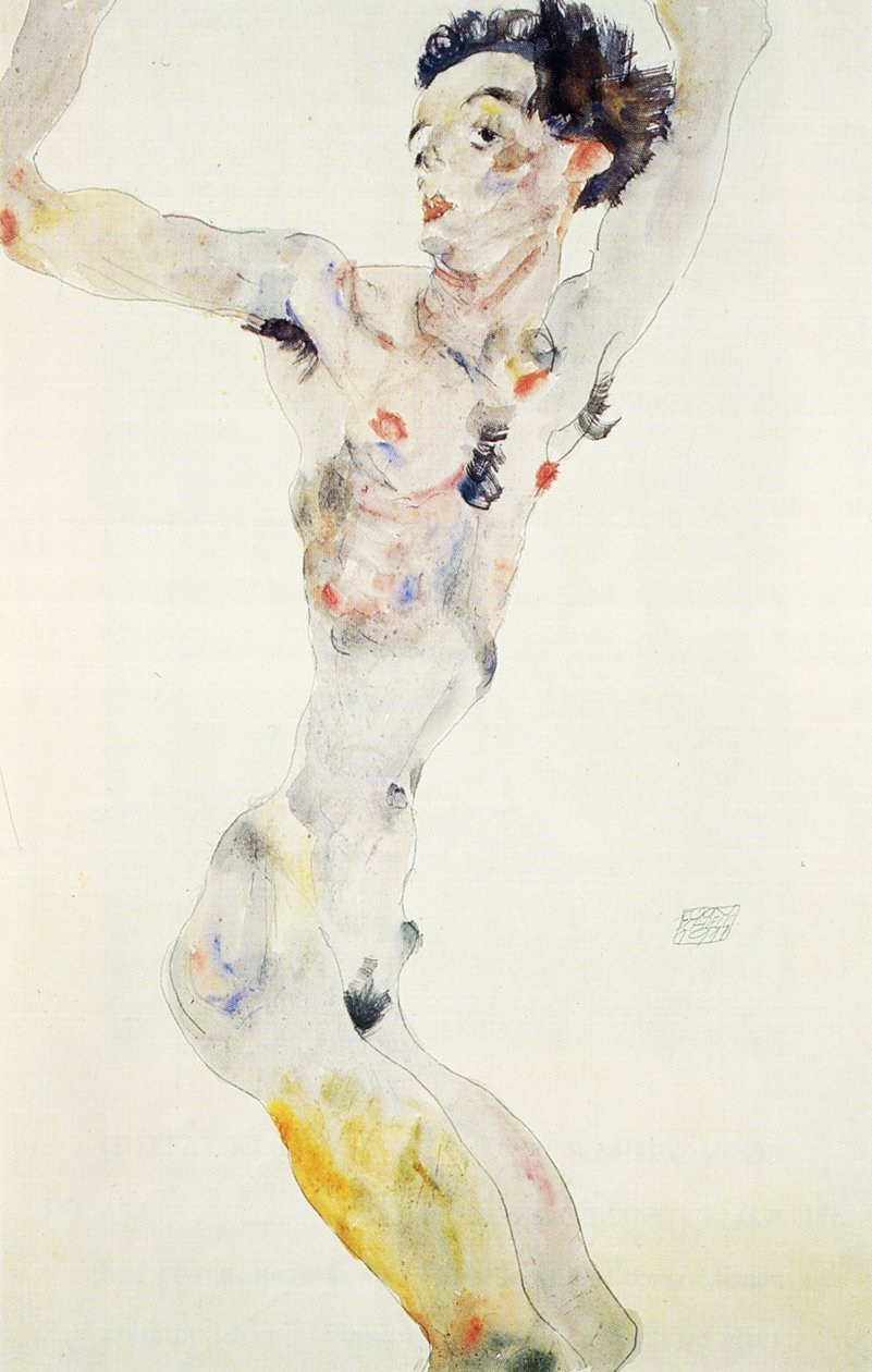 Otoportre, 1911 (kağıt üzerinde kalem ve tuvalet) by Egon Schiele