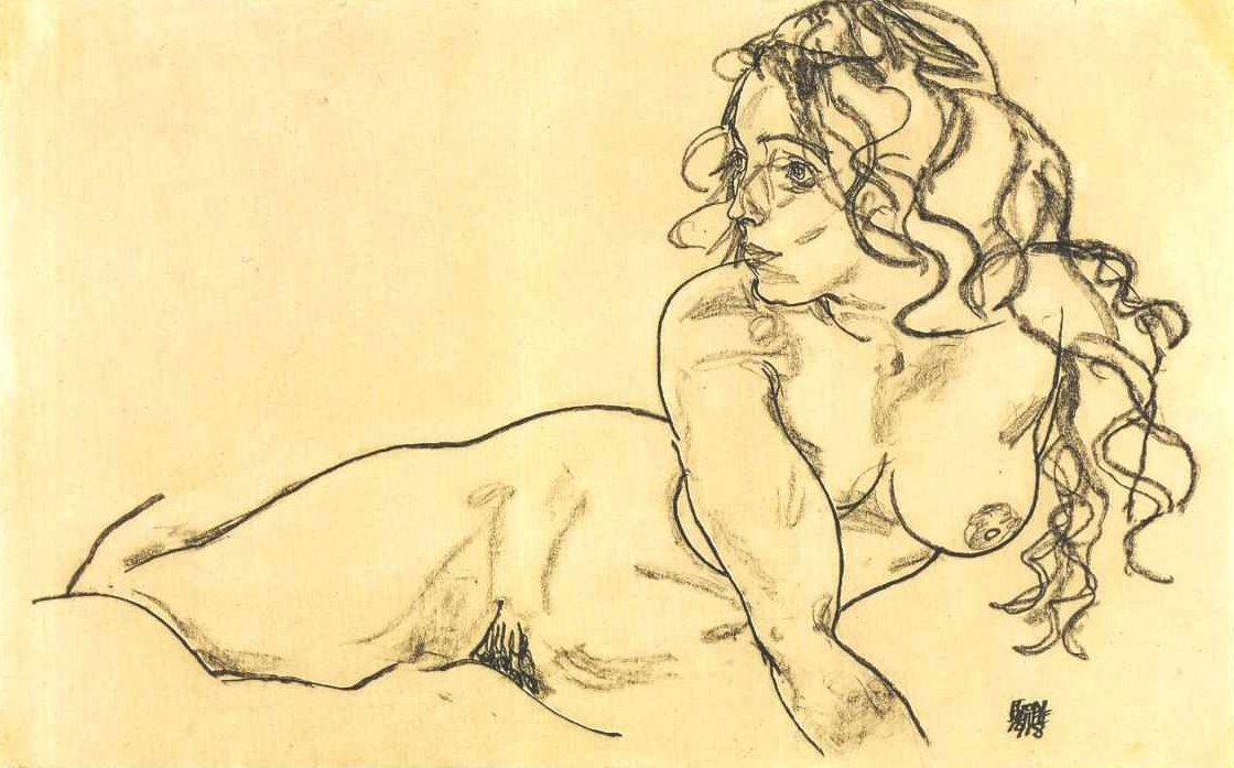 Uzun saçlı çıplak kadın eğilerek by Egon Schiele
