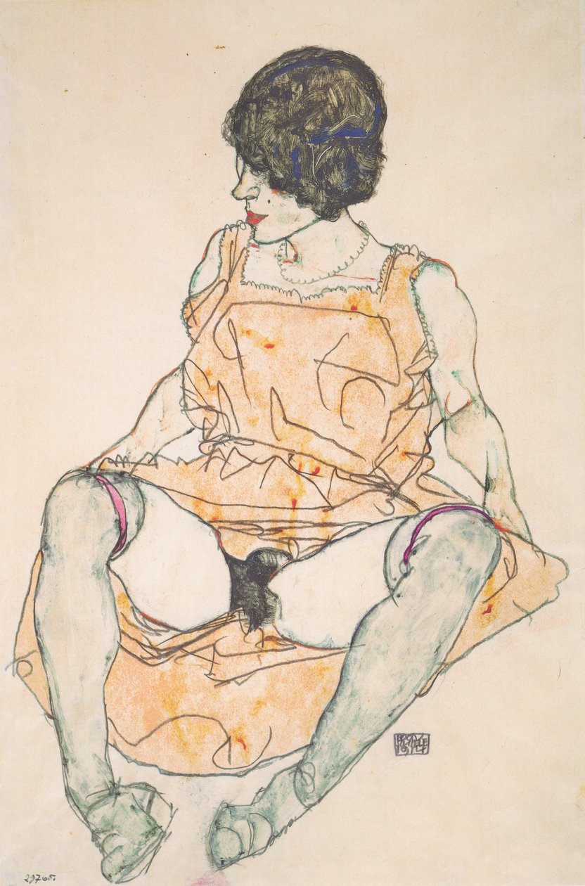 Oturan kadın elbisesini çekti by Egon Schiele