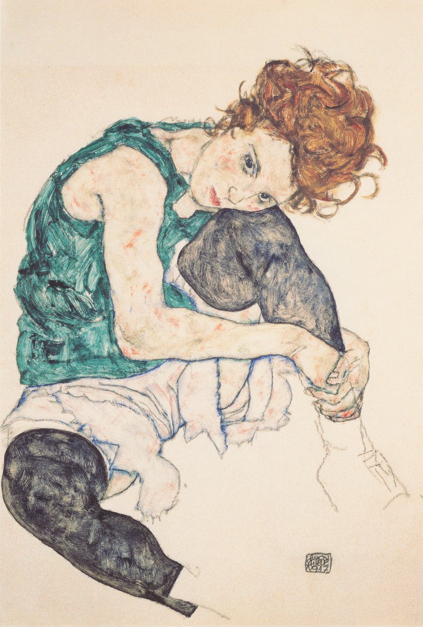 Oturan kadın dizlerini çekti by Egon Schiele