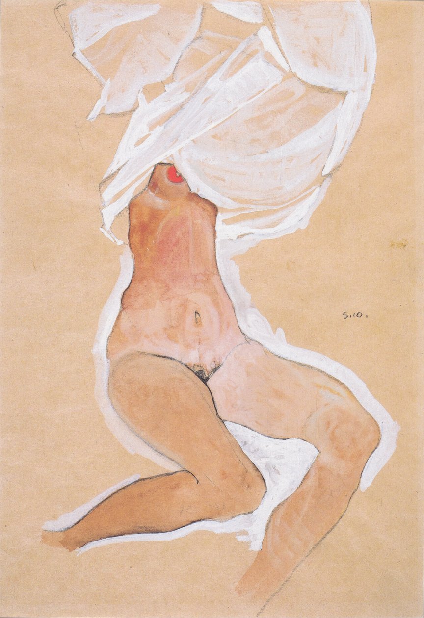 Gömleği başının üstünde oturan çıplak kız by Egon Schiele