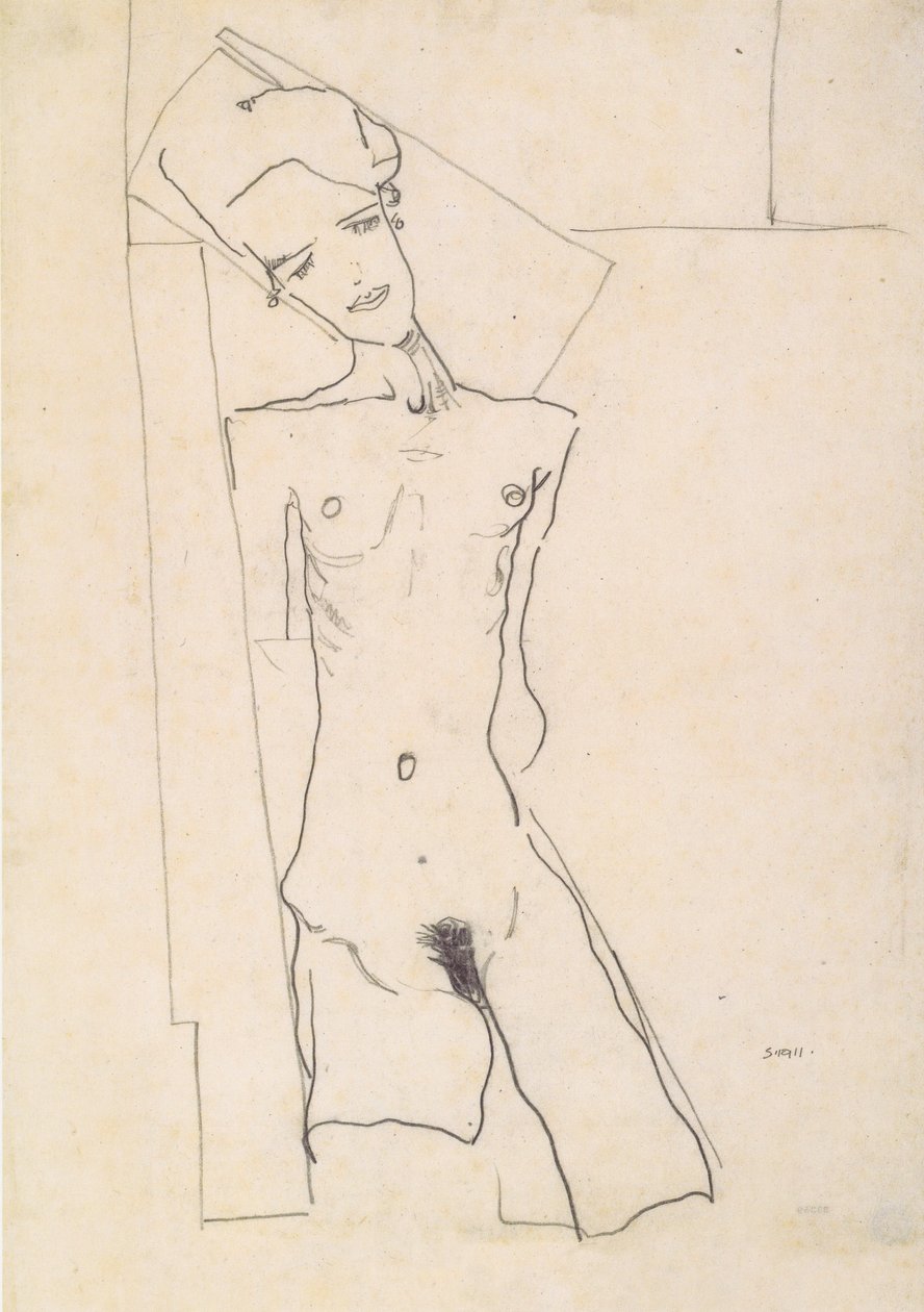 Geometrik şekillerin önünde çıplak duran kadın by Egon Schiele