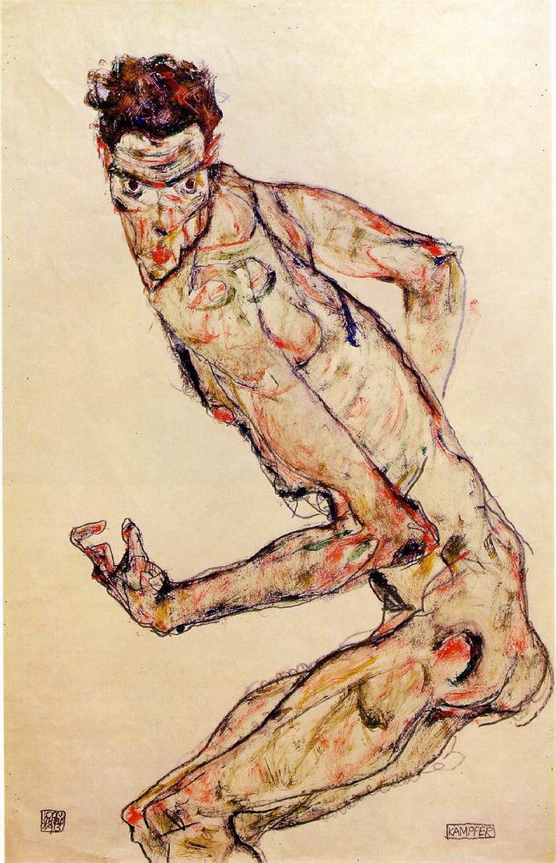 Savaşçı, 1913 (kağıt üzerine guaj ve kurşun kalem) by Egon Schiele