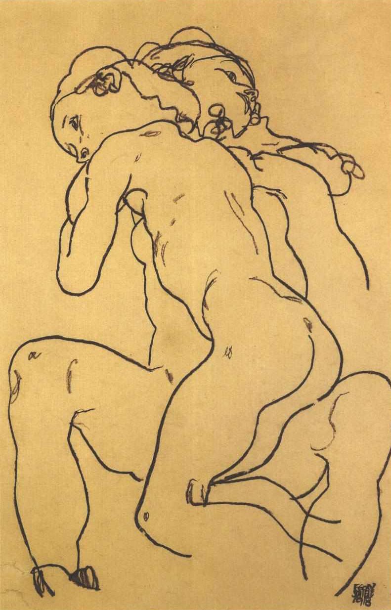 Birbirine sarılan iki çıplak kız by Egon Schiele