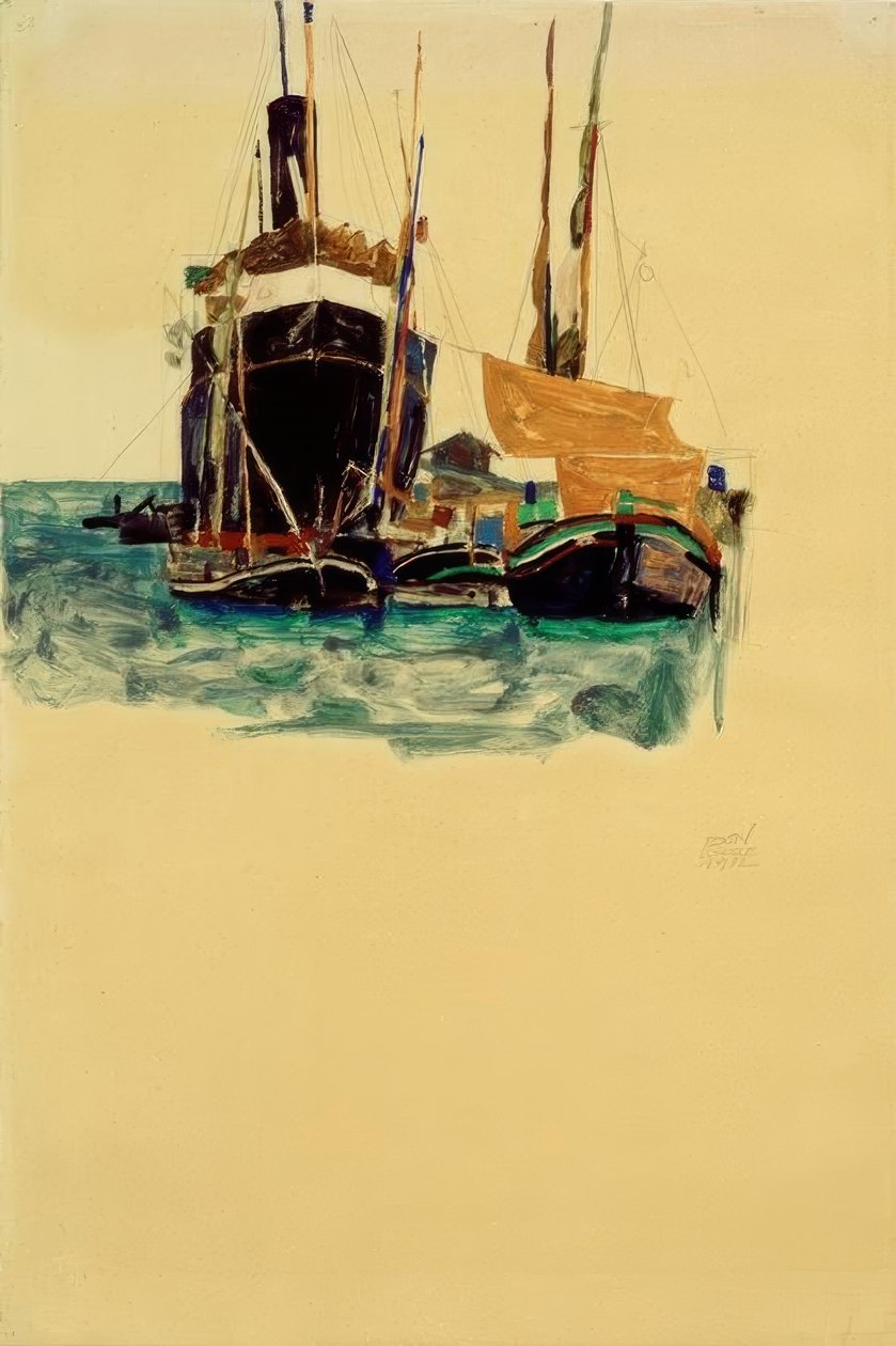 Trieste limanında vapurlar ve yelkenli tekneler by Egon Schiele