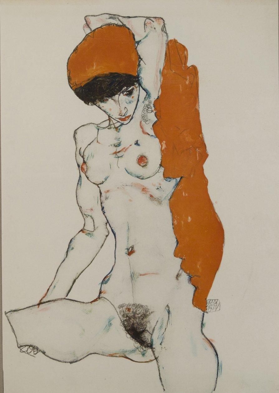 Turuncu-kırmızı bezle çıplak kadın, 1914 by Egon Schiele