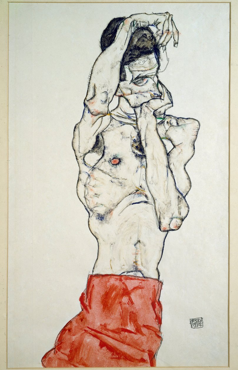 Kırmızı çarşaflı çıplak erkek by Egon Schiele