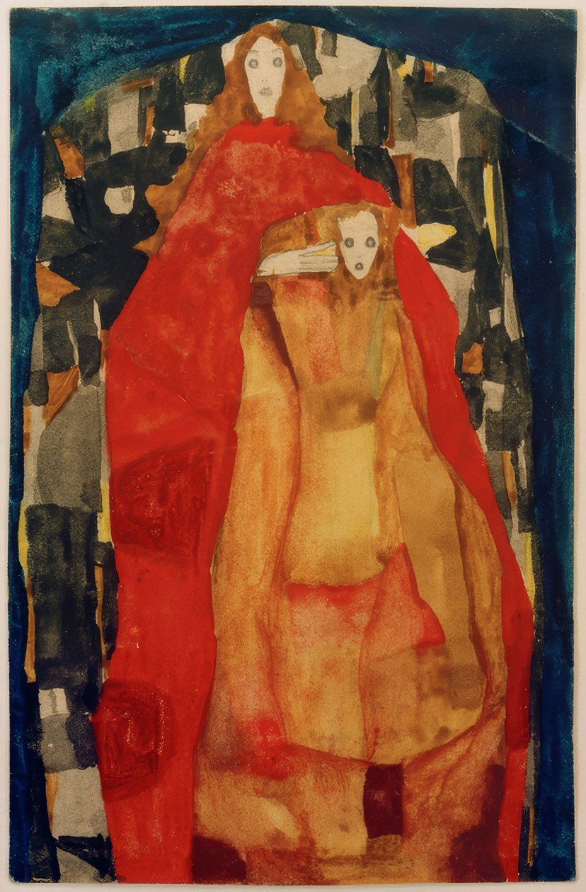 Kırmızı ceketli çocuğu olan anne by Egon Schiele
