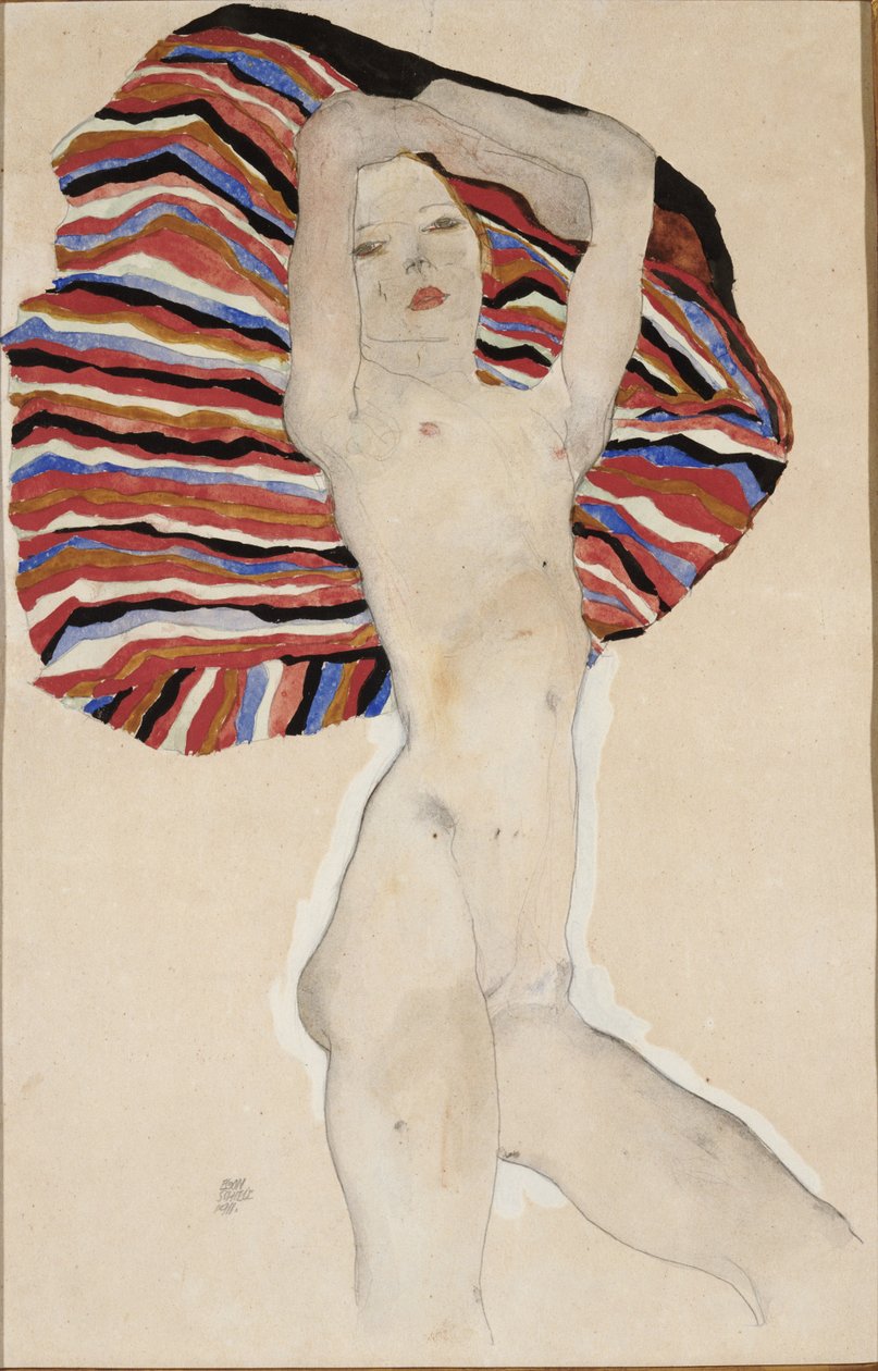 Renkli malzemeye karşı çıplak, 1911 by Egon Schiele