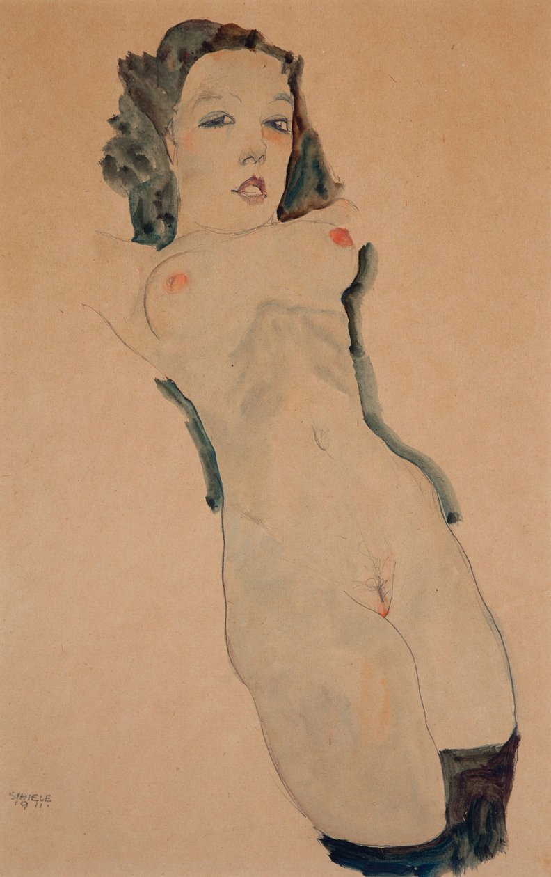 Siyah çoraplı çıplak uzanmış by Egon Schiele