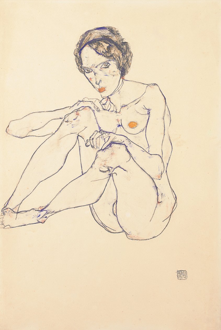 Oturan çıplak kadın, 1914 by Egon Schiele