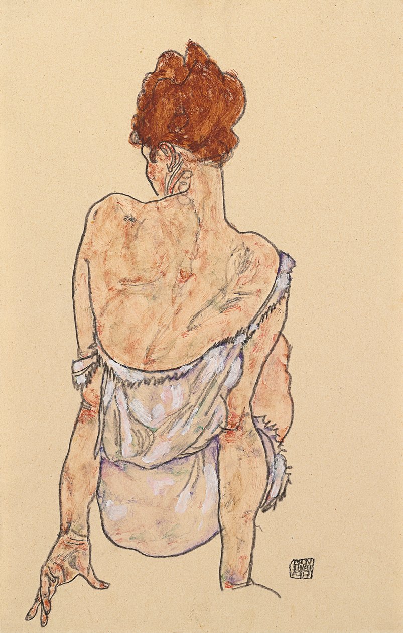 Oturan kadın iç çamaşırı, dikiz, 1917 by Egon Schiele
