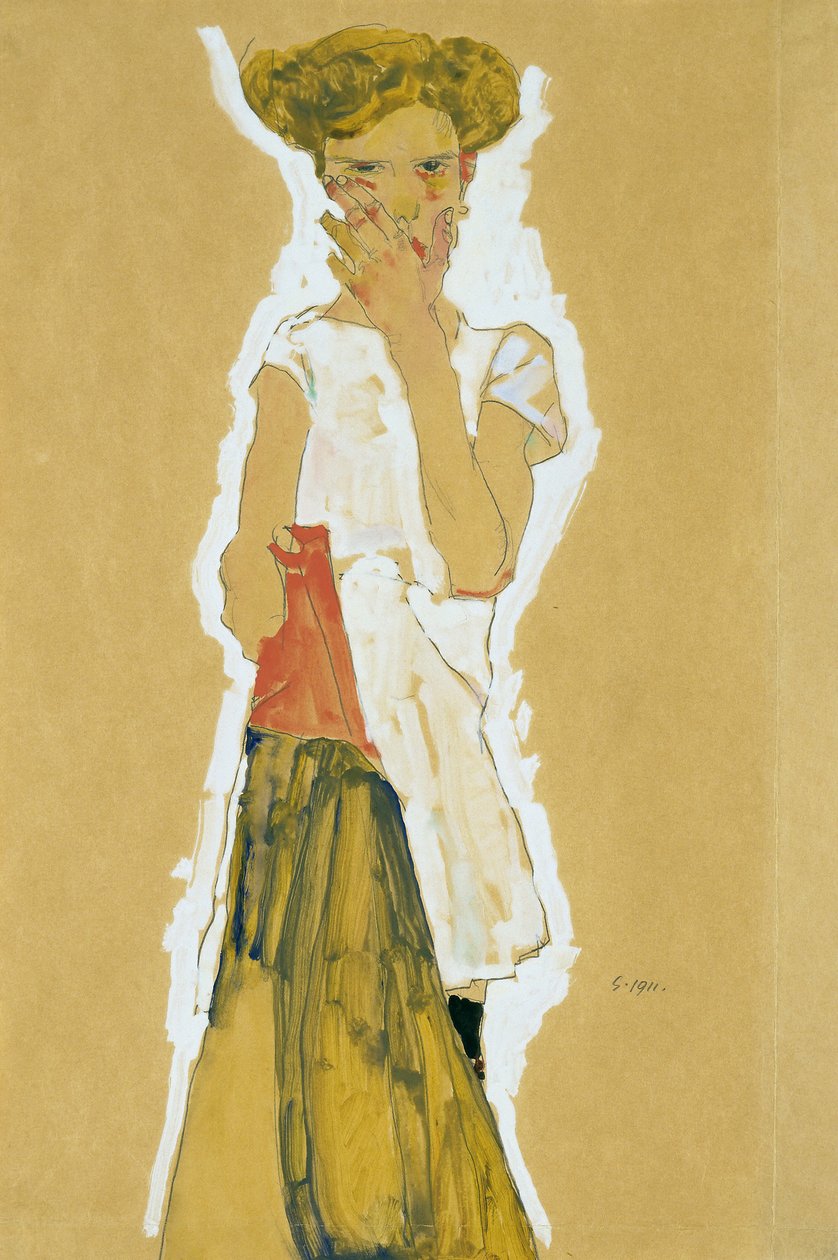 Beyaz iç etekli duran kız by Egon Schiele