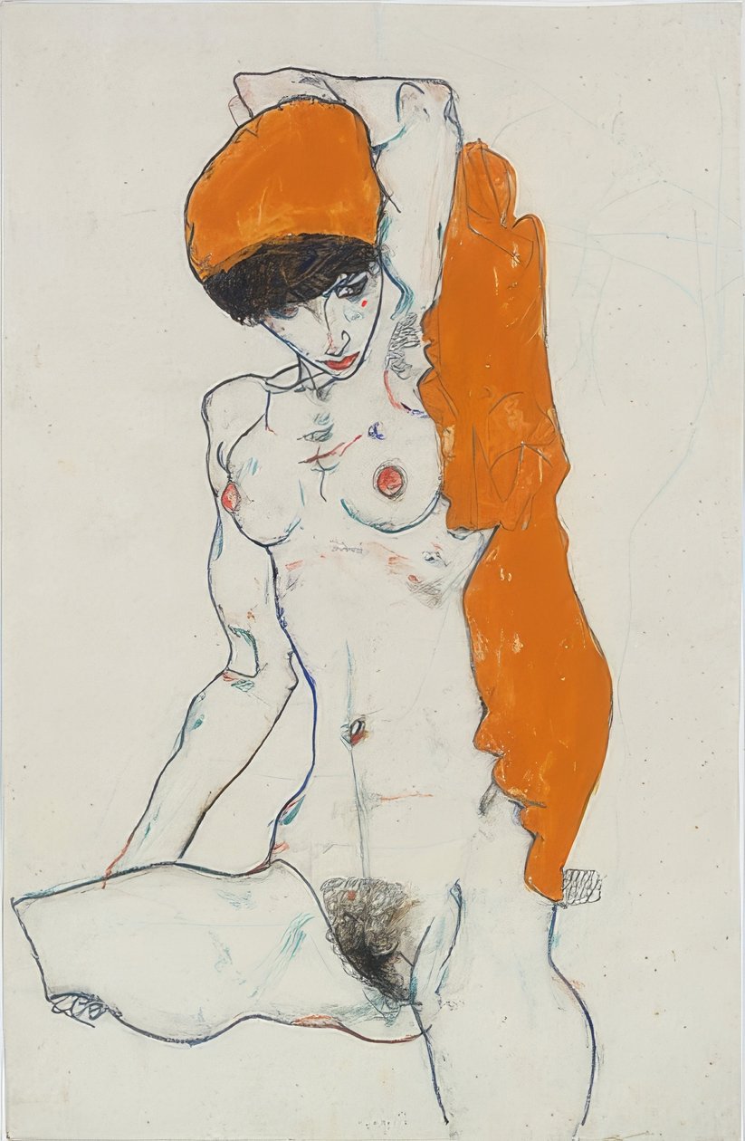 Turuncu bir bezle çıplak duruyor. 1914 by Egon Schiele