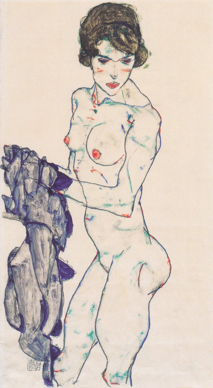 Mavi bezle çıplak duran kadın by Egon Schiele