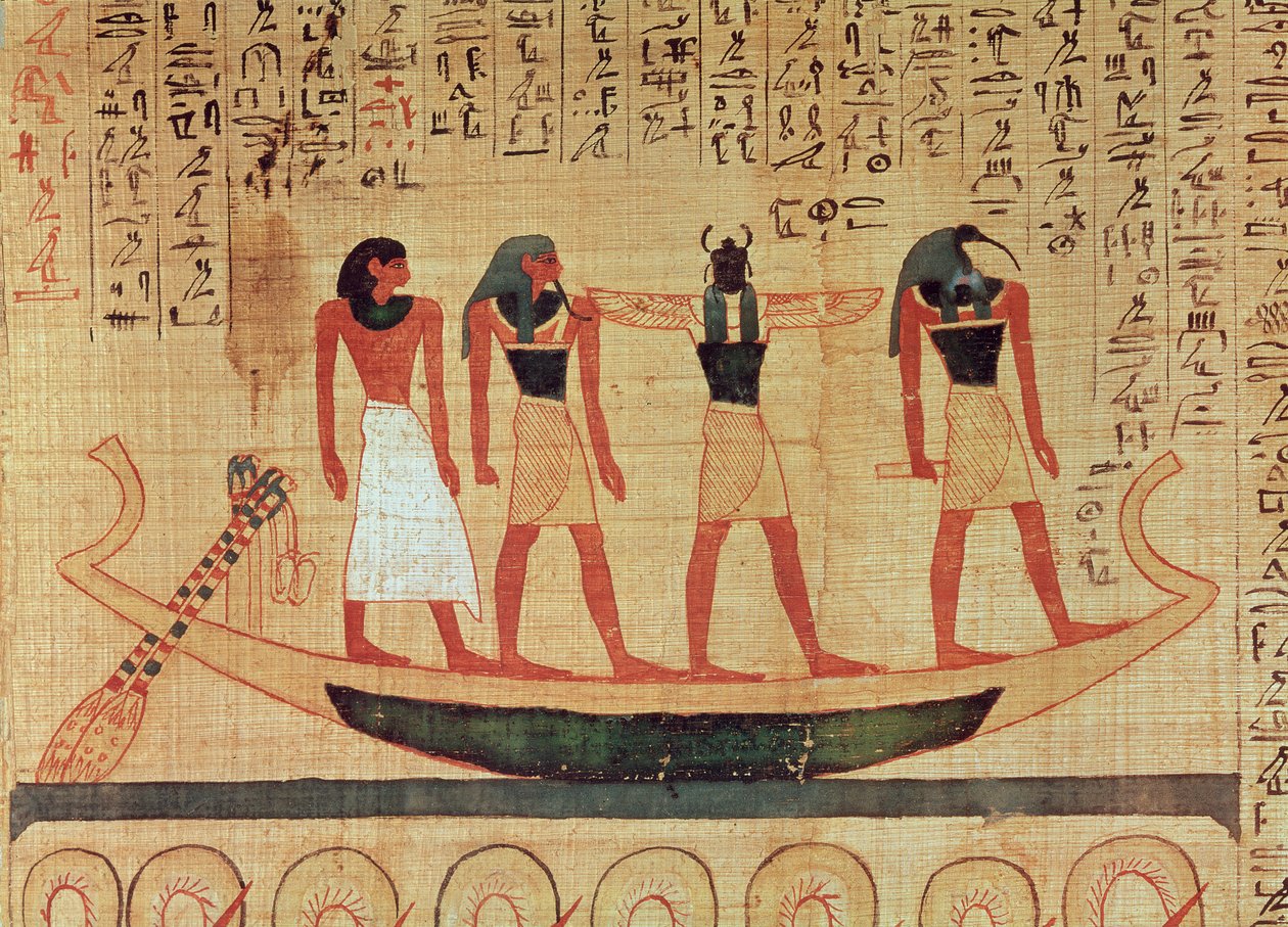 Thoth, Khepri ve başka bir tanrı tarafından bir gemide öbür dünyaya taşınan bir adamı betimleyen papirüs by Egyptian