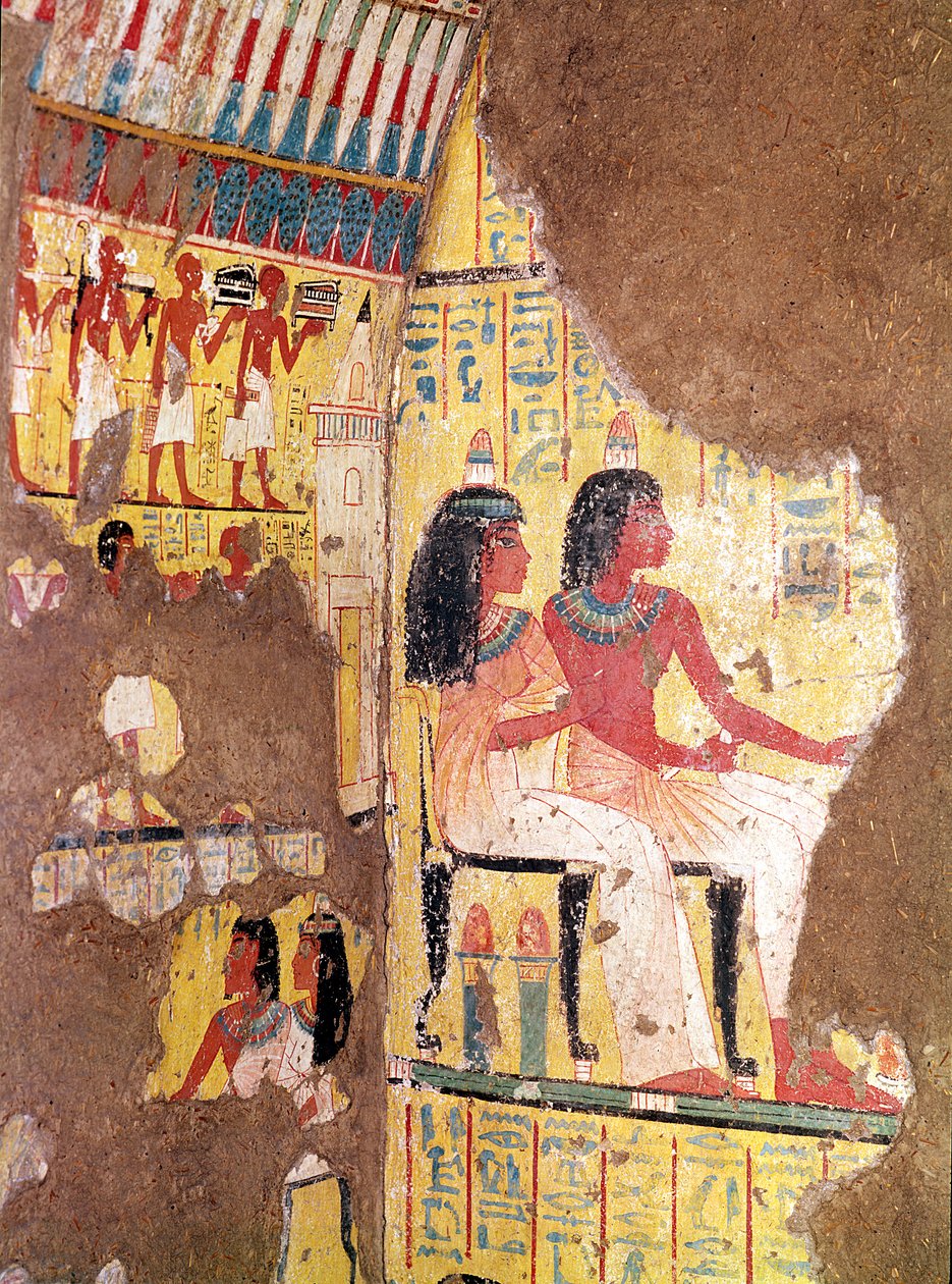 Ressam Maie ve karısı mezarlarından oturmuş, New Kingdom müzesinde yeniden inşa edilmiş (boyalı kireçtaşı) by Egyptian 18th Dynasty