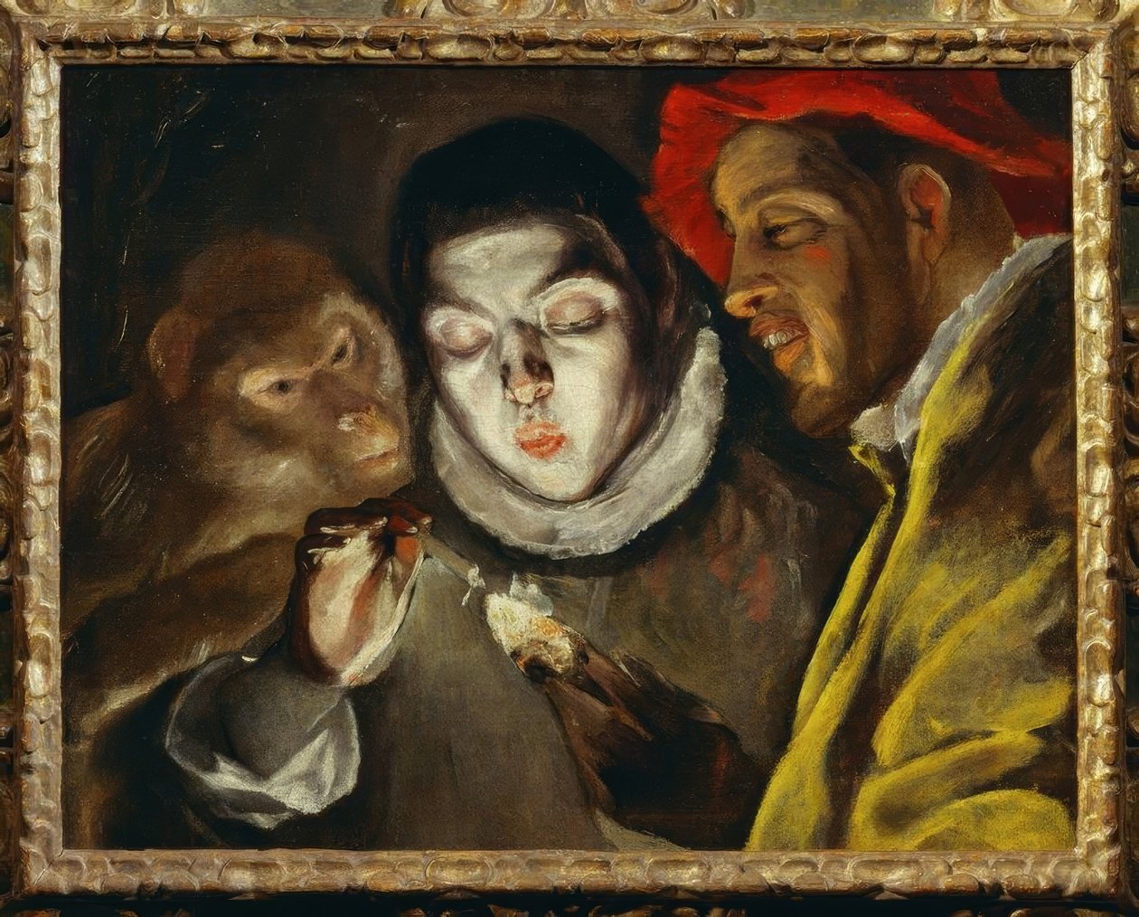 Maymun, çocuk ve adam bir mum yakıyor by El Greco