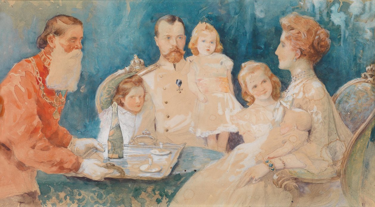 Çar Nikolai II ve Tsarina Alexandra Fjordorovna, kızları Olga, Tatiana, Maria ve Anastasia ile (bebekken) by Elena Samokich Soudkovskaïa