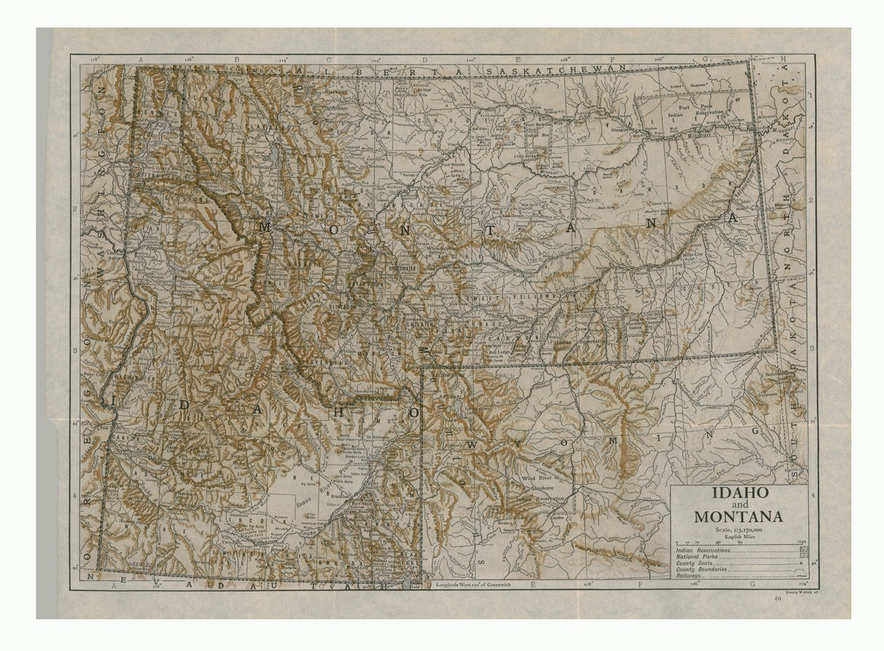 Idaho ve Montana haritası, ABD, c1910s. by Emery Walker