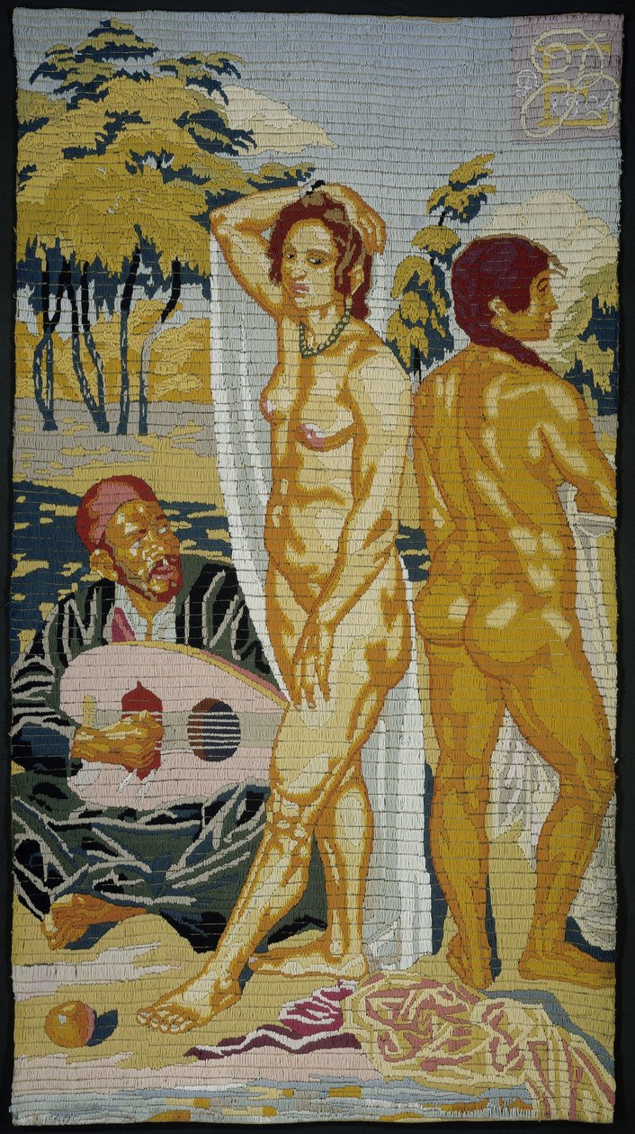 Geborduurd tablosu; iki banyocu by Emile Bernard