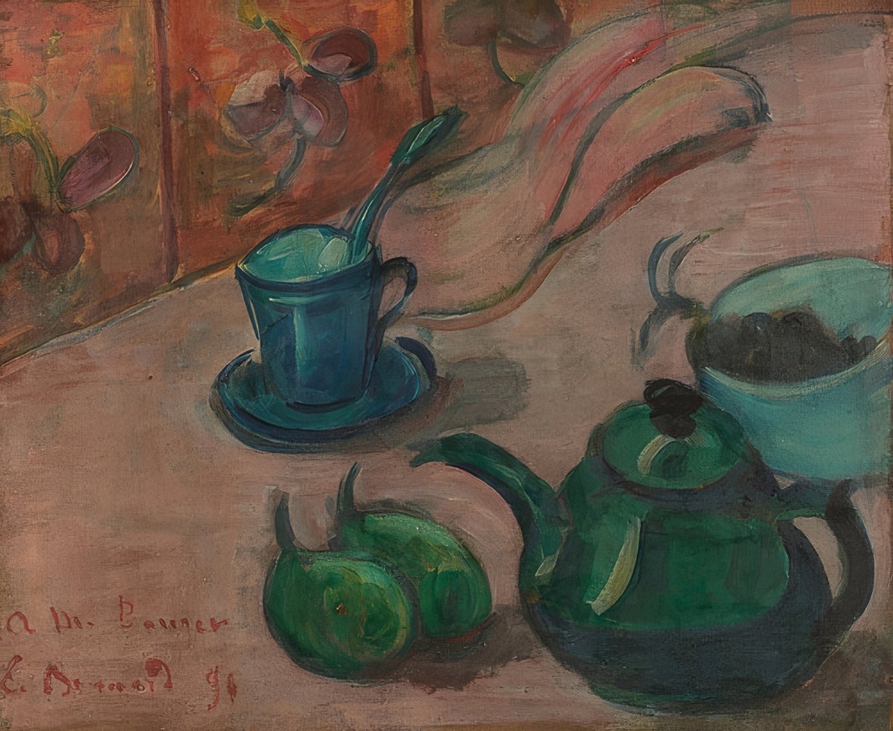 Bir çaydanlık, fincan ve meyve ile natürmort. 1890 by Emile Bernard