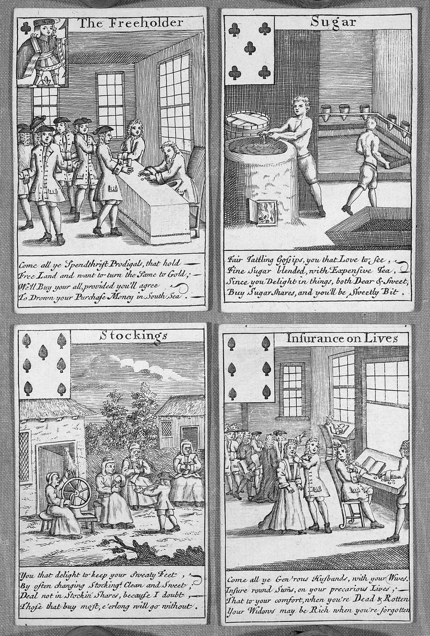 Mevcut ticari girişimleri gösteren oyun kartları, c.1720 (basılı) by English School