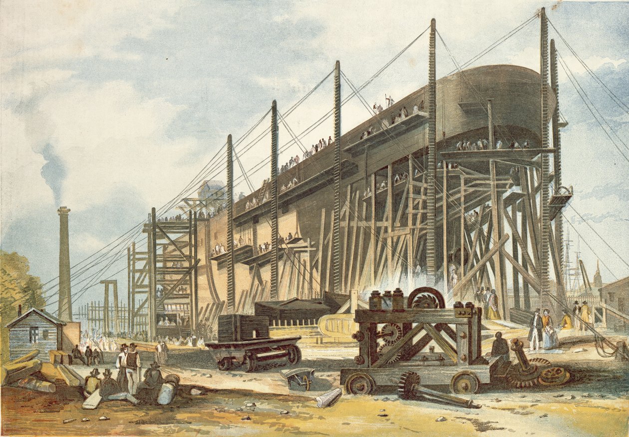 The Great Eastern on the Stock (renkli gravür) by English School