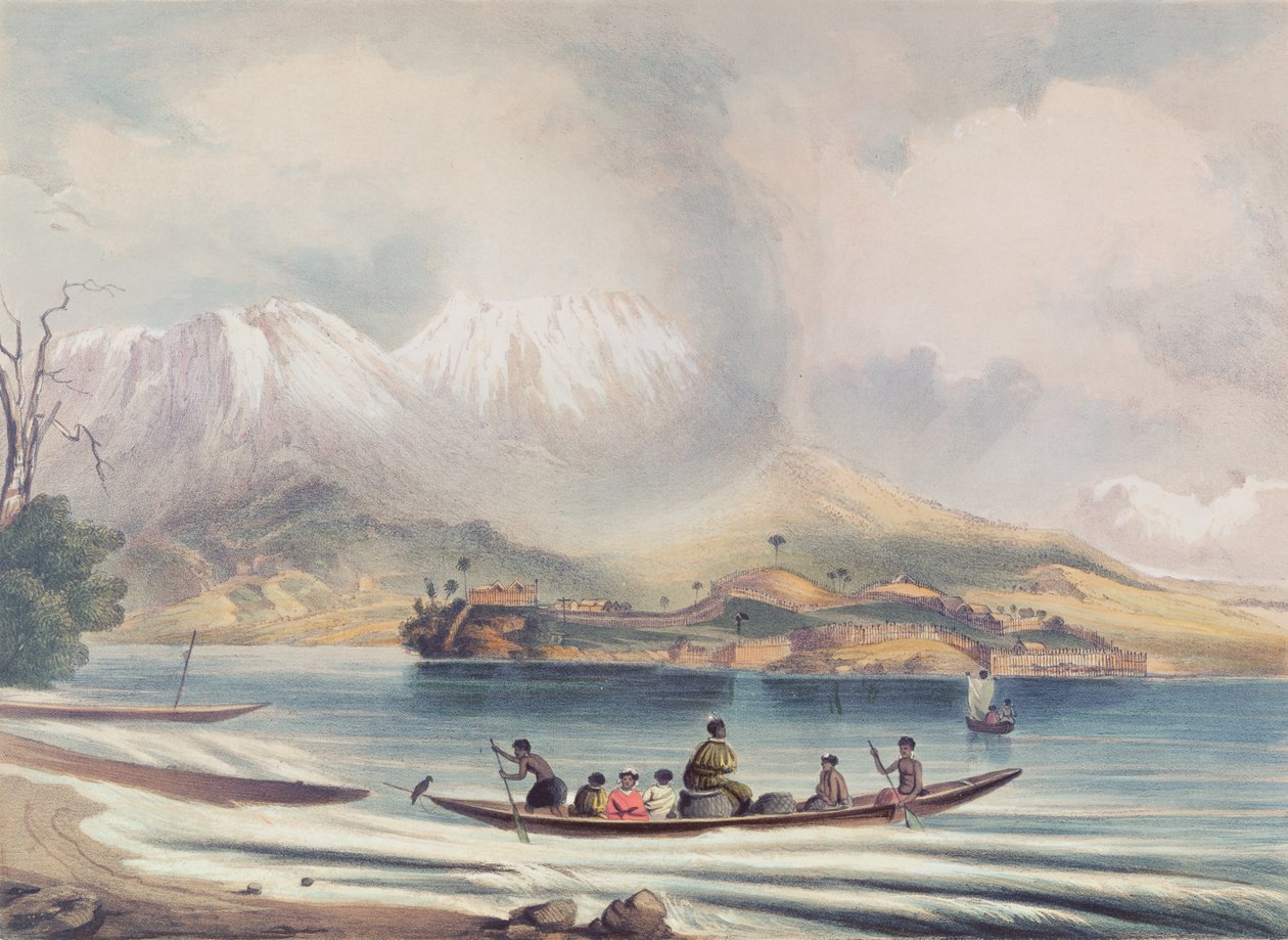 Tongariro Volkanı, Yeni Zelanda (renkli gravür) by English School