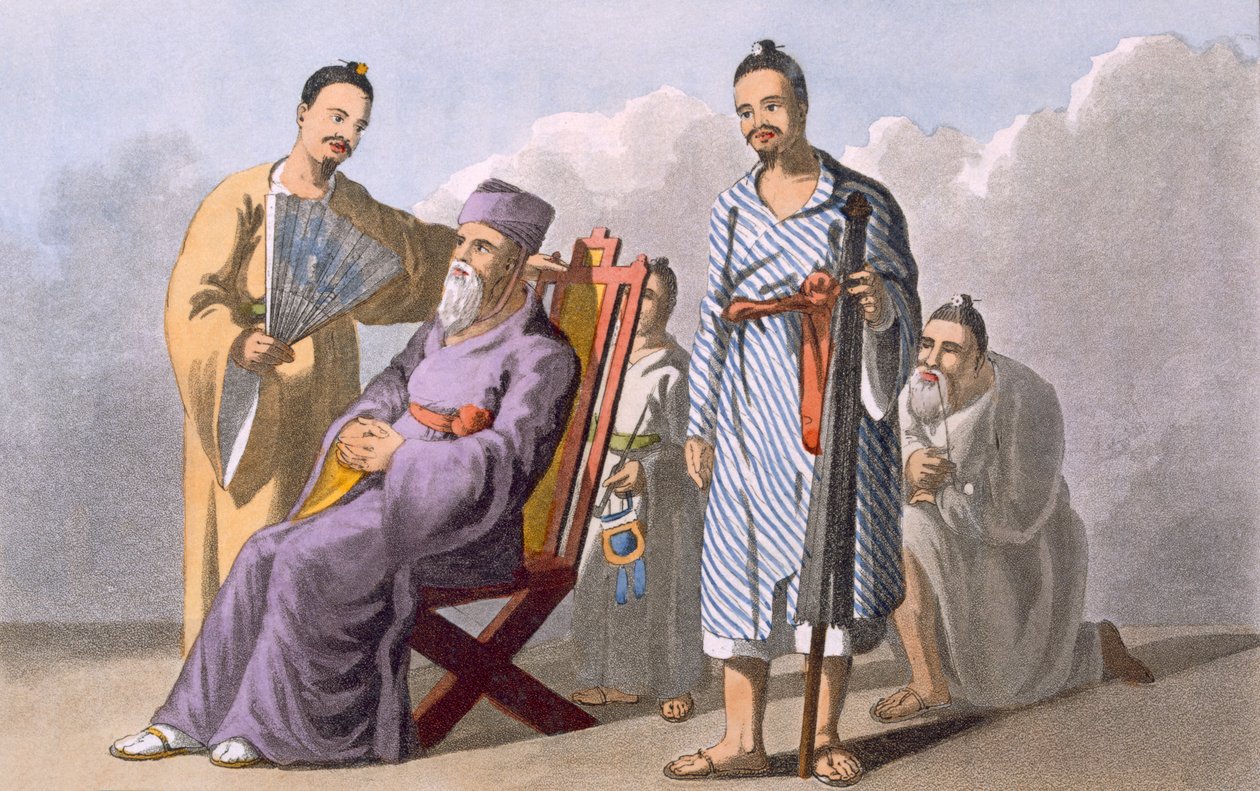Lewchewan Şefi ve Görevlileri, 1820 (renkli aquatint) by English School