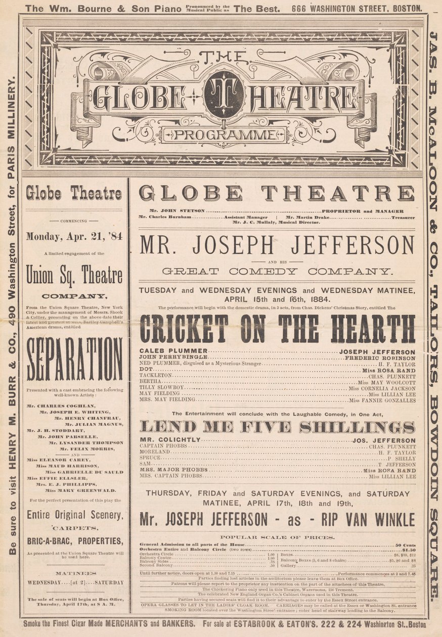 The Globe Theatre Programı, 21 Nisan 1884 by English School
