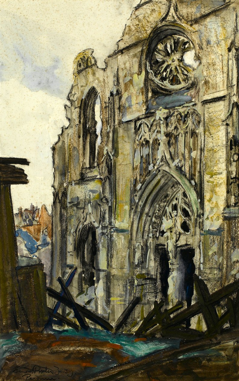 Peronne, 3.1.1919 (kağıt üzerine mum boya ve guaj boya) by Ernest Procter