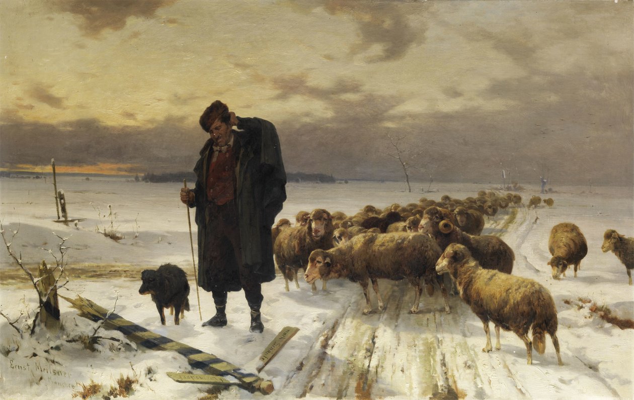 Kış manzarasında sürüsü olan çoban by Adolf Ernst Meissner