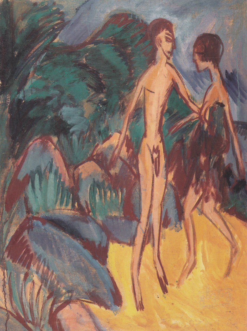 Genç çıplak adam ve kız sahilde by Ernst Ludwig Kirchner