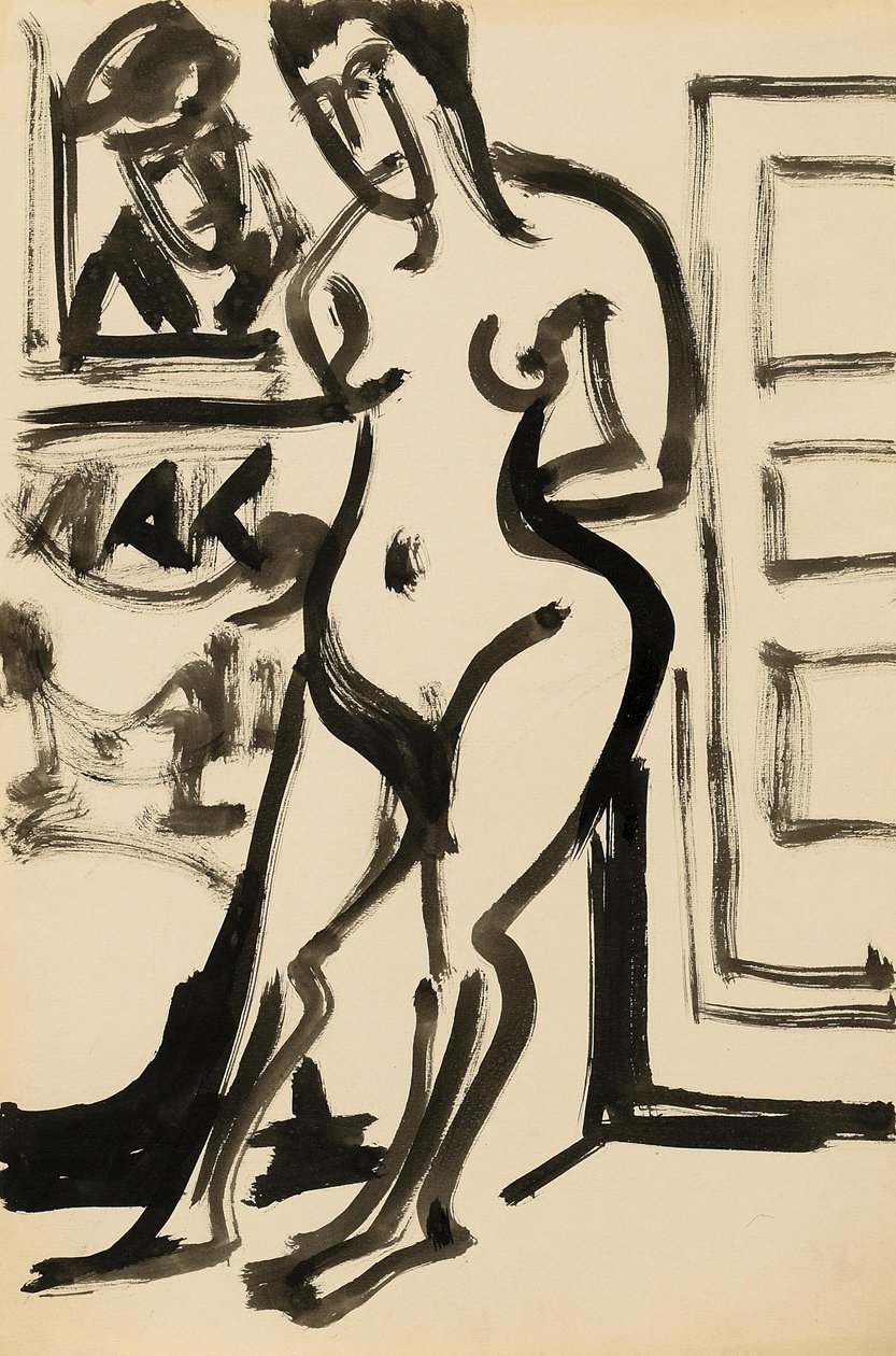 Stüdyoda bir resmin önünde çıplak durmak by Ernst Ludwig Kirchner