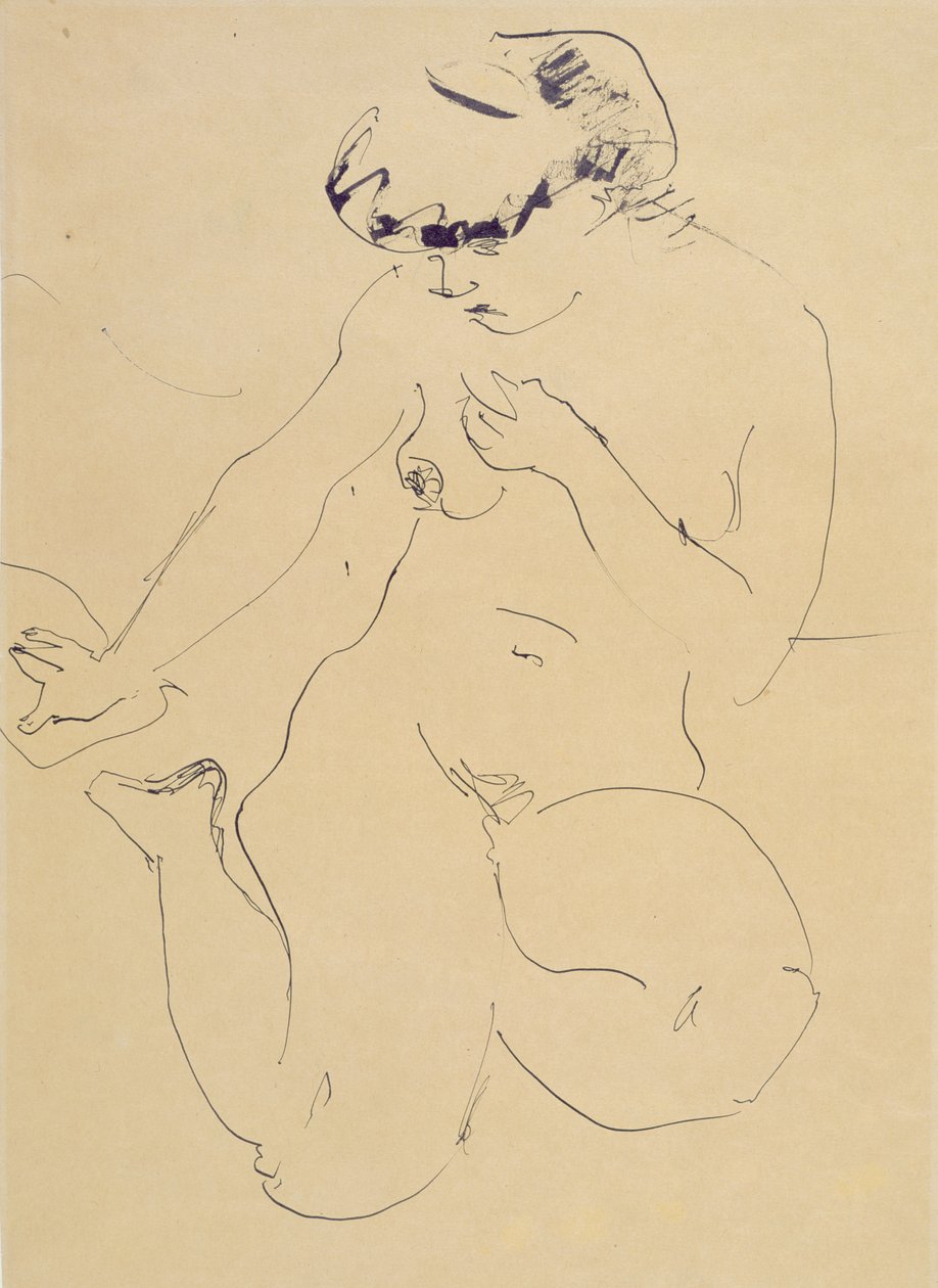 Crouching Nude (kağıt üzerinde kalem ve fırça) by Ernst Ludwig Kirchner
