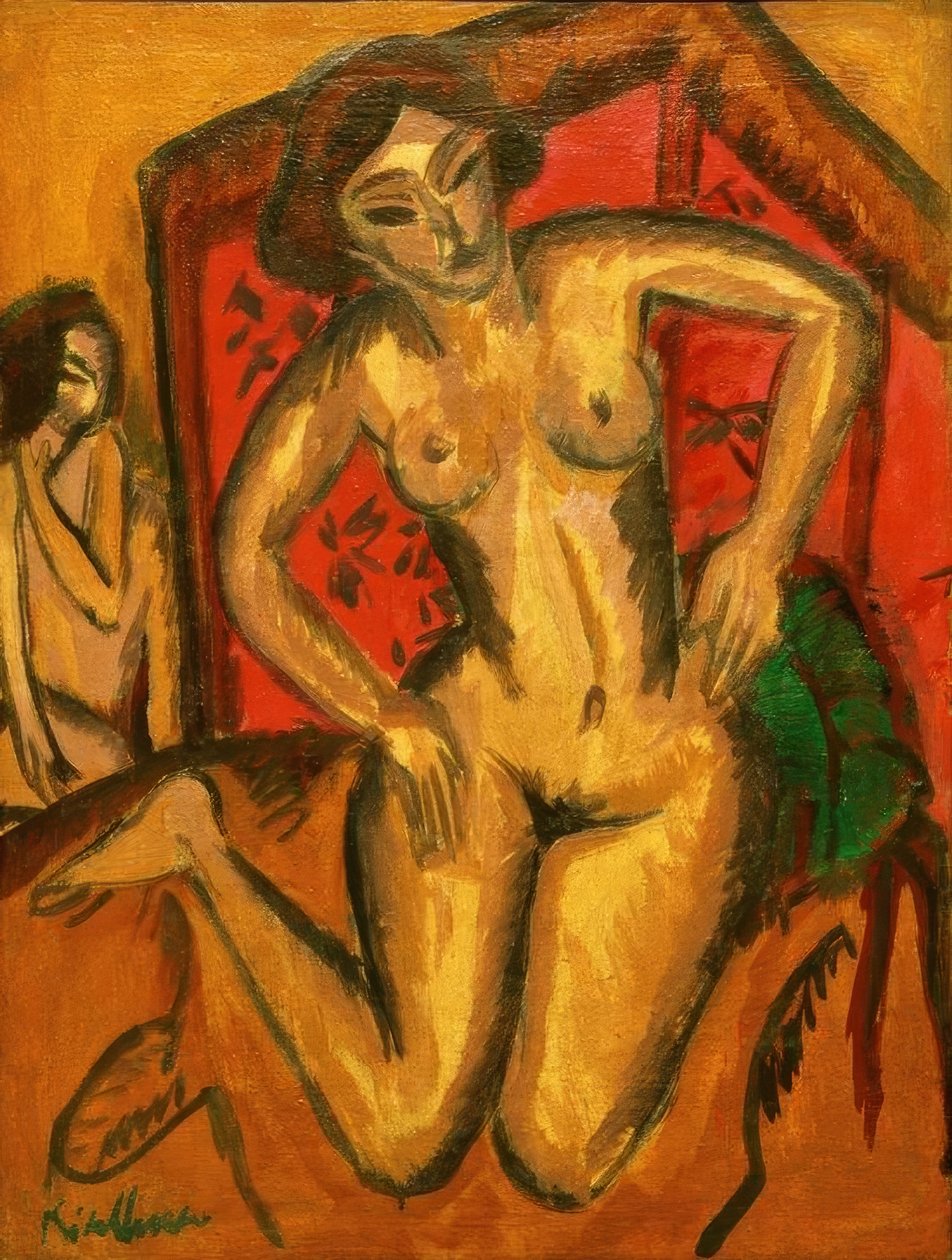 Kırmızı bir ekranın önünde diz çökmüş çıplak kız by Ernst Ludwig Kirchner