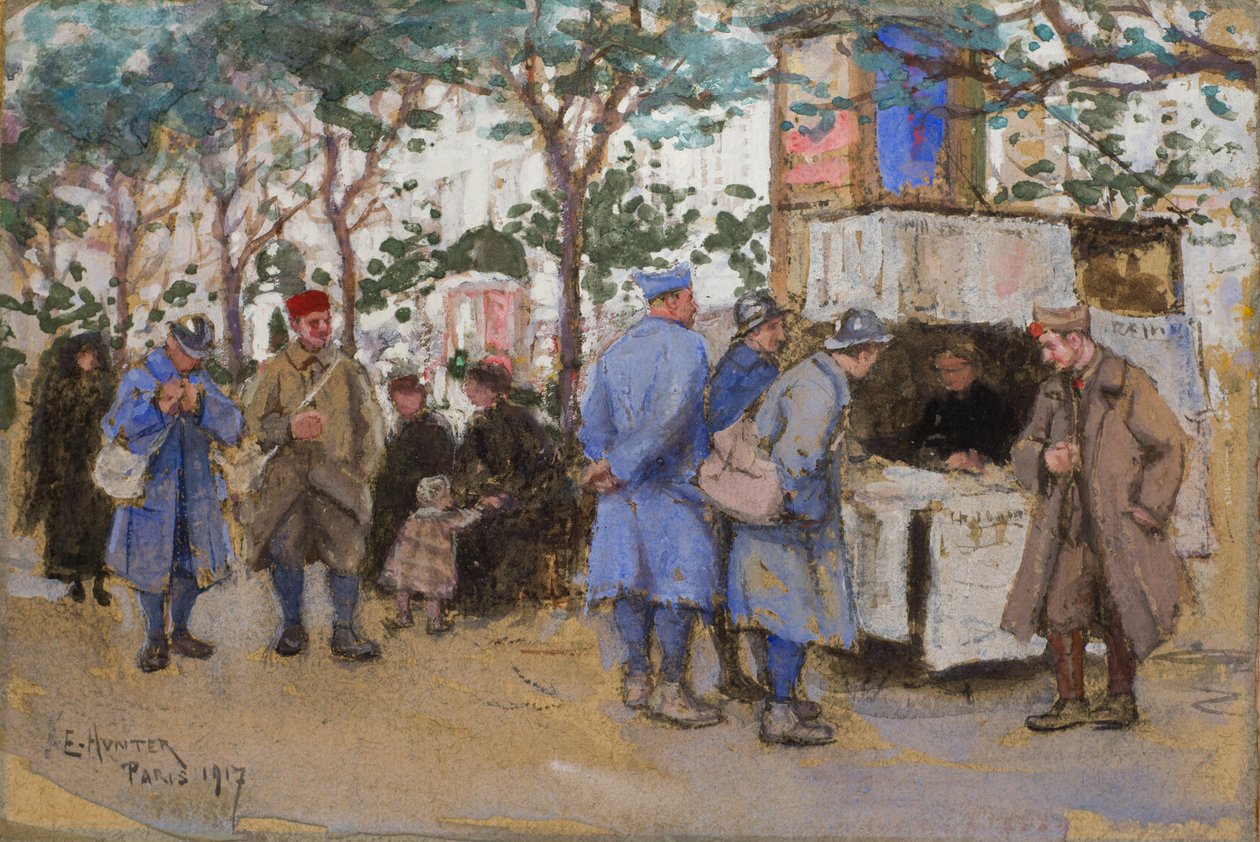 Bir gazete bayisindeki askerler, Paris, 1917 by Ethel Hunter