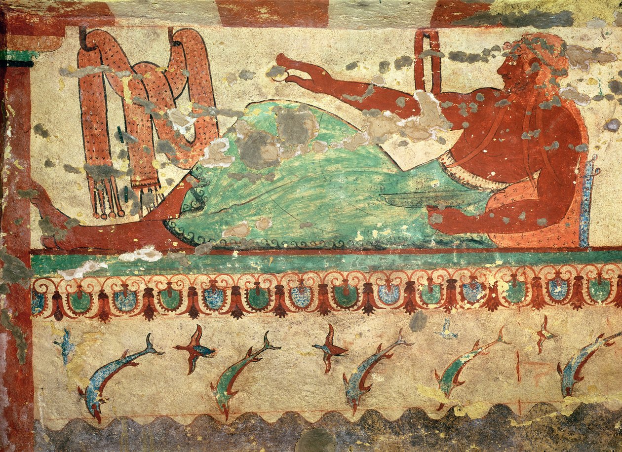 Cenaze ziyafetinde, elinde yumurta tutan bir misafir, Aslanlı Mezar'dan, MÖ 520 dolayları (duvar resmi) by Etruscan