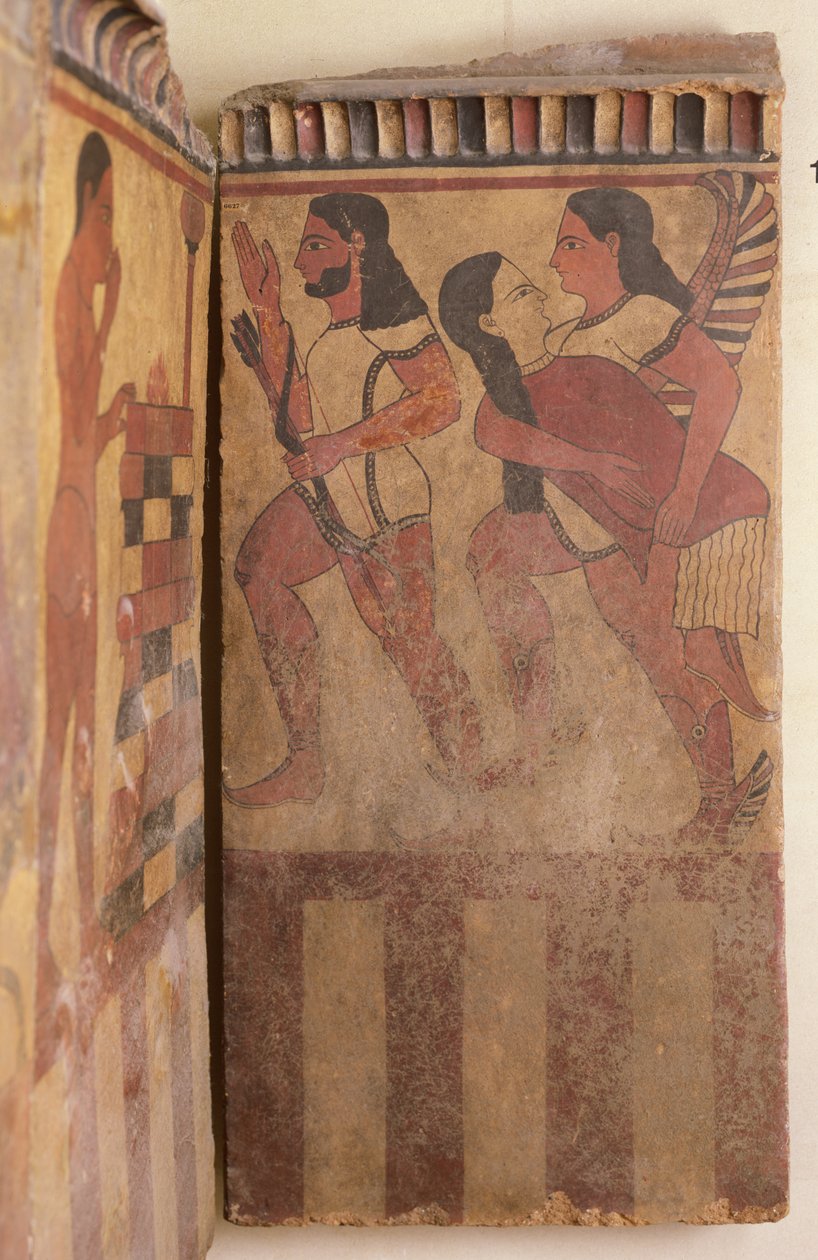 Campana Plaketi, Kanatlı Bir Cin Bir Kadını Okçu Eşliğinde Getiriyor, MÖ 550-525 dolayları (duvar resmi) (detay) by Etruscan
