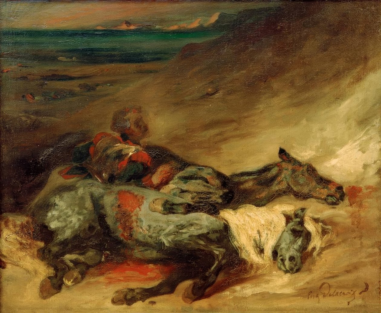 Savaş alanında ölen iki at by Ferdinand Victor Eugene Delacroix