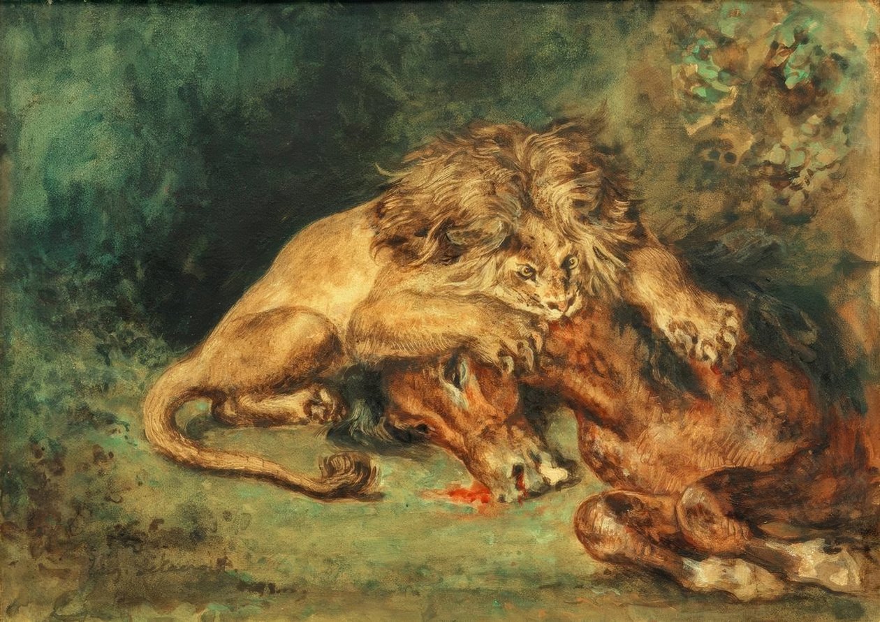 Bir atı yırtan aslan by Ferdinand Victor Eugene Delacroix