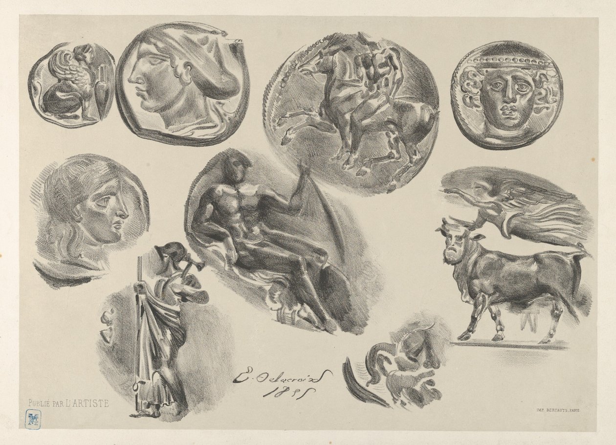 Dokuz Antik Sikke Levhası, 1825., 1825. by Eugène Delacroix