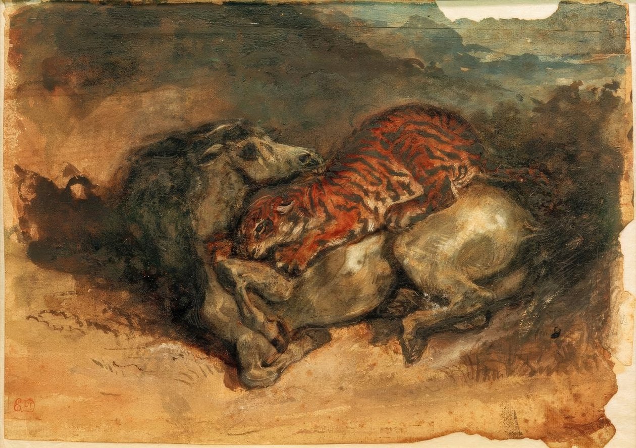 Bir ata saldıran kaplan by Ferdinand Victor Eugene Delacroix