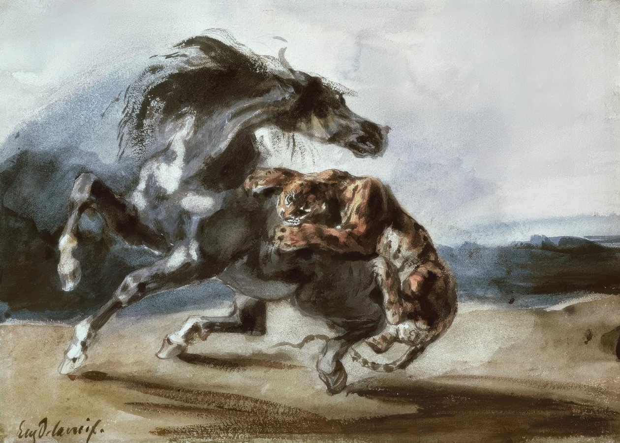 Vahşi bir ata saldıran kaplan by Ferdinand Victor Eugene Delacroix